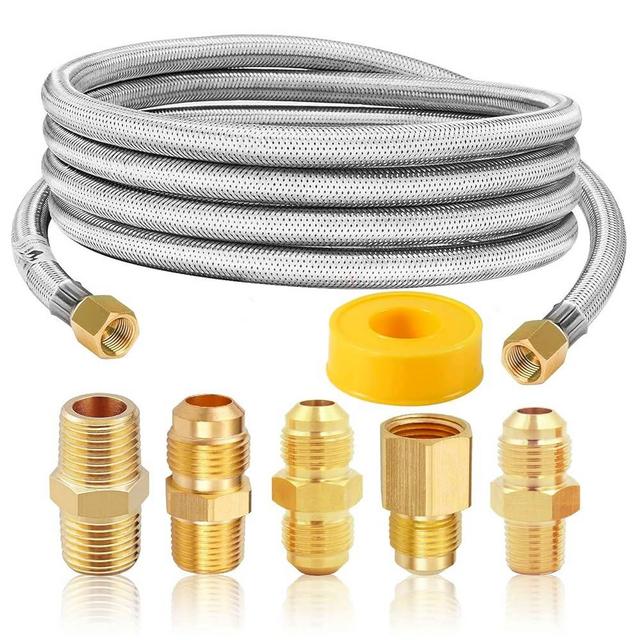 MCAMPAS 10 Feet High Pressure Braided Propane Hose Extension with Conversion Coupling 3/8" Flare to 1/2" Female NPT, 1/4" Male NPT,3/8" Male NPT,3/8" Male Flare for BBQ Grill, Heater, Fire Pit