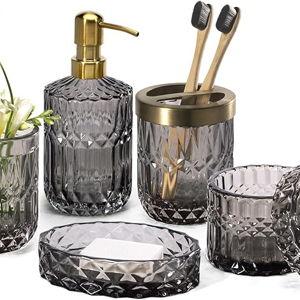 EMPO 6PCS Bathroom Clear Glass Accessories Set (Lotion Soap Dispenser, Soap Dish, Toothbrush Holder, Tumbler, Cotton Swab Jar) Contemporary Modern Decor Crystal Clear Vintage Gift (6pcs Gray)