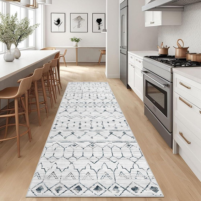 Runner Rug 2'6''x8' Hallway Runner, Farmhouse Boho Washable Soft Neutral Area Rug, Non-Slip Distressed for Kitchen Entryway Laundry Bedroom Indoor, White/Dark Grey