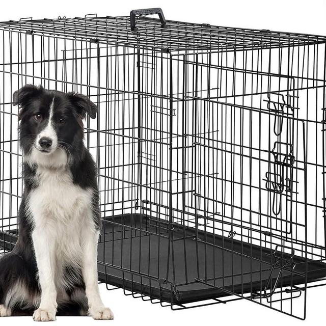 FDW Dog Crate Dog Cage Pet Crate for Large Dogs Folding Metal Pet Cage Double Door W/Divider Panel Indoor Outdoor Dog Kennel Leak-Proof Plastic Tray Wire Animal Cage (Black, 48 Inch)