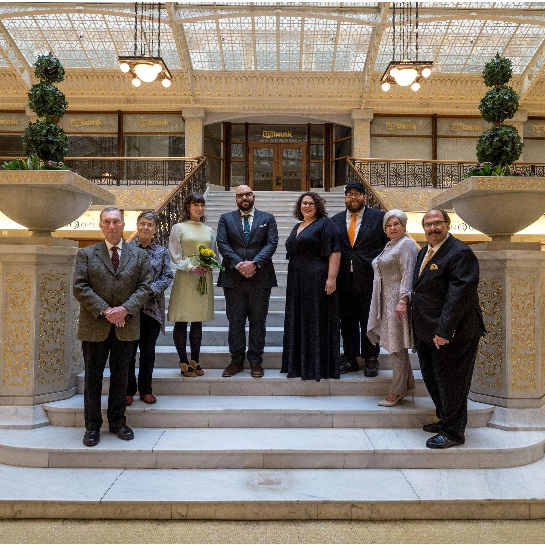 Family pictures at the Rookery Building, a Frank Lloyd Wright building in downtown Chicago