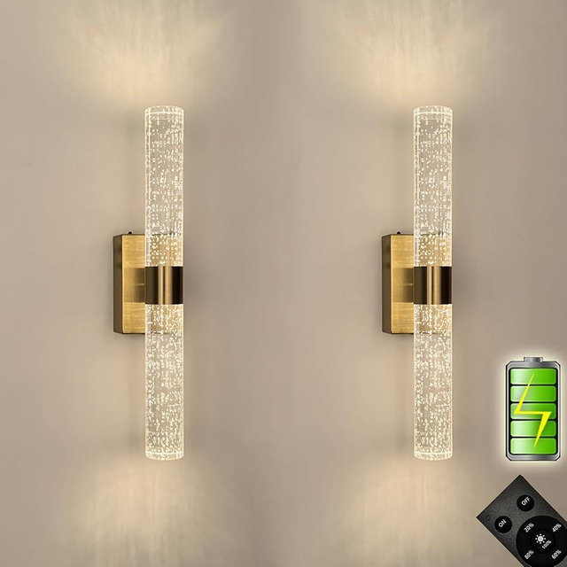 Cordless Rechargeable Crystal Wall Sconces Battery Operated Set of 2 | Brushed Gold Crystal Wall Lights Battery Sconces Wall Decor Picture Light for Living Room Bathroom Bedroom (2 Pack, Gold, 15.5'')