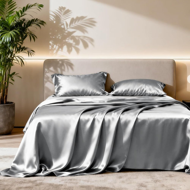 Love's cabin Satin Queen Sheets Set - 4 Piece Dark Grey Silky Bed Sheets with Deep Pocket, Luxury Silk Feel Satin Queen Size Sheet Set (1 Flat Sheet,1 Fitted Sheet,2 Pillow Cases)