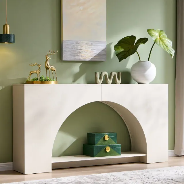 Console Table with Arched Open Shelf, 63" Modern Console Table with Storage, Narrow Console Table for Entryway Living Room, Cream White