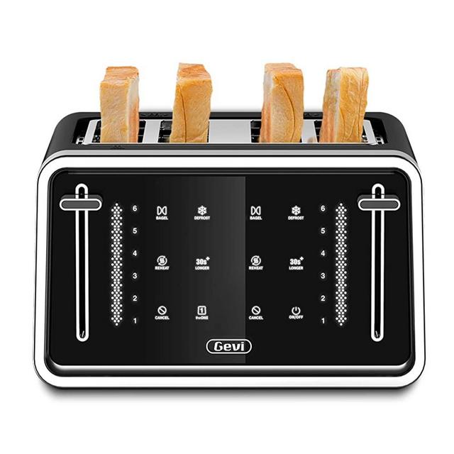 Gevi Toaster 4 Slice,Led Display Touchscreen Bagel Toaster with Dual Control Panels of Bagel/Reheat/Defrost/Cancel Function,6 Shade Setting,4 Extra Wide Slot with One-Slice Toast Setting,Removable Crumb Trays, Auto Pop-Up,Plastic