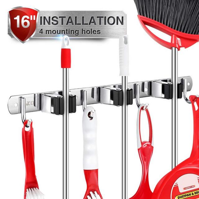 Kosair Broom Mop Holder Wall Mount 16" Installation Broom Mop Hanger [2020 Version] 3 Racks 4 Hooks Heavy Duty Storage Organizer, Stainless Steel, Black