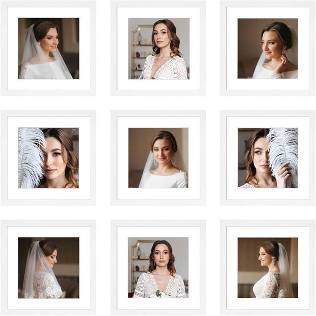 BSRHOME 10x10 Picture Frame Set of 9, Display Pictures 8x8 with Mat or 10x10 without Mat, Multi Collage Gallery Square Photo Frames for Wall or Tabletop, White
