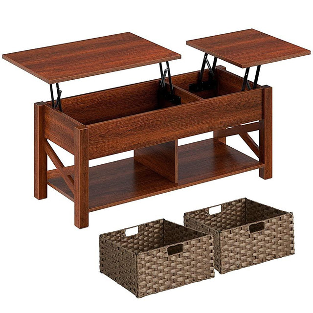 Rolanstar Lift Top Coffee Table with Storage and Rattan Baskets, Rustic Wood Raisable Top Central Table for Living Room, Hidden Compartment Shelf Two-Way Lift Tabletop, Espresso