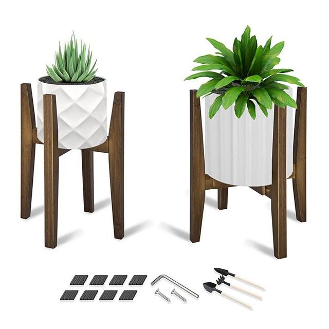 OERGKE 2 PACK adjustable Plant Stand, Bamboo Mid Century Modern Plant Stand, Indoor Plants Stands, Corner Flower Holder for Living Room, Fits 8 to 12 Inches Pots, (Pot & Plant Not Included )(Walnut)