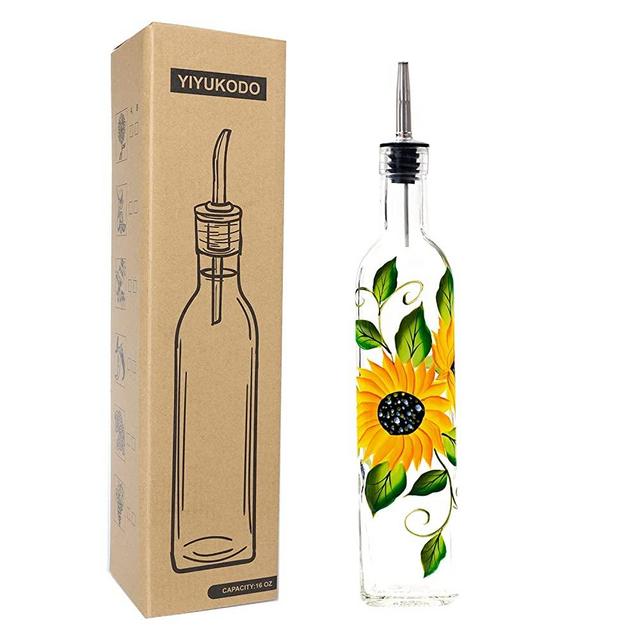 YIYUKODO 17oz Hand Painted Glass Olive Oil Bottle Dispenser - 500ml Green Oil & Vinegar Cruet with Pourers and Funnel - Olive Oil Carafe Decanter for Kitchen (sunflower2)
