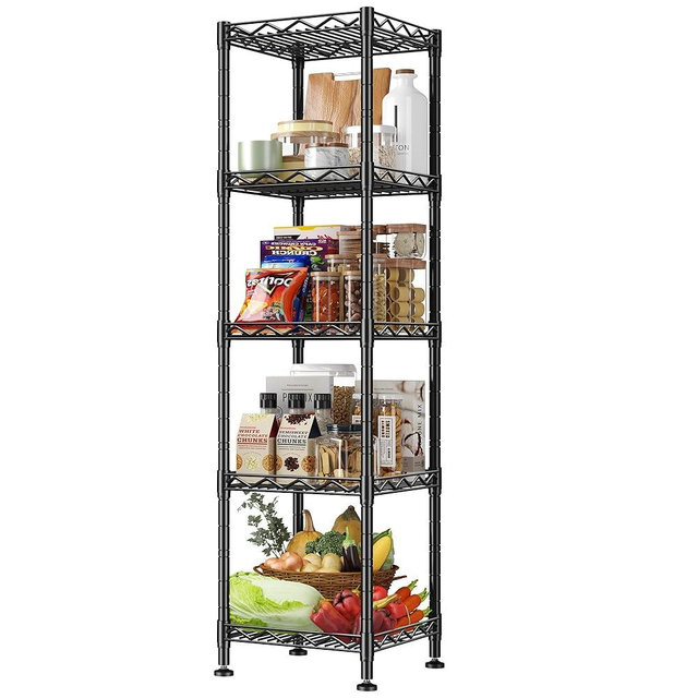 5 Tier Metal Shelving Unit Adjustable Storage Shelves:Wire Shelves Storage Rack Standing Bathroom Shelf and Narrow Small Shelf for Kitchen Pantry Closet Laundry Dorm Office 12''Wx12''Dx49''H Black