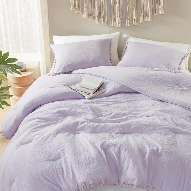 Codi Lavender Purple Boho Full/Queen Comforter Set, Aesthetic Pom Fringe Bedding for Girls, Cute Soft Washed Microfiber Bed Sets, Lightweight 3pcs,1 Comforter & 2 Pillowcases (90x90 Inches)