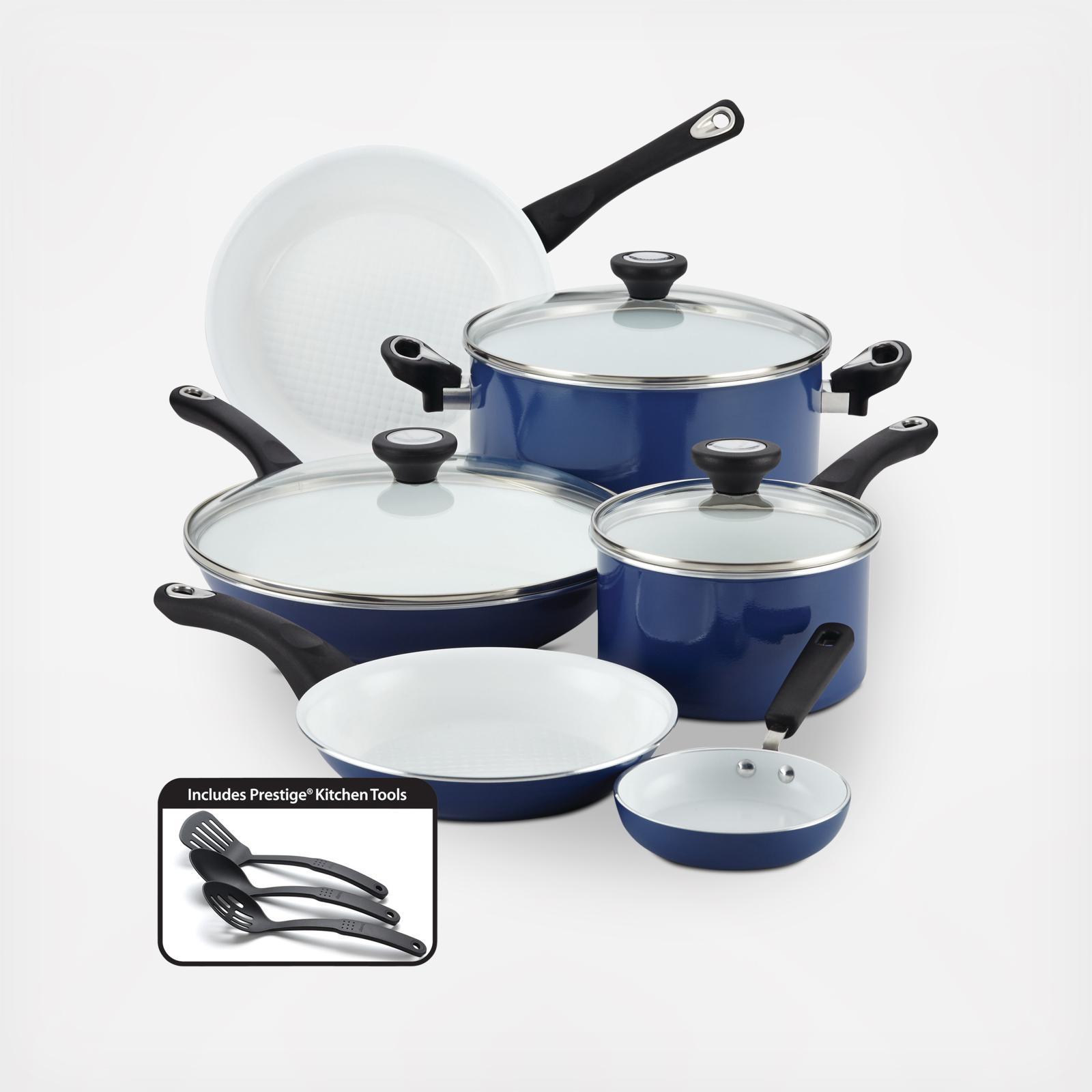 12pc Ceramic Cookware Set, Blue Linen Pots and Pans Set Kitchen