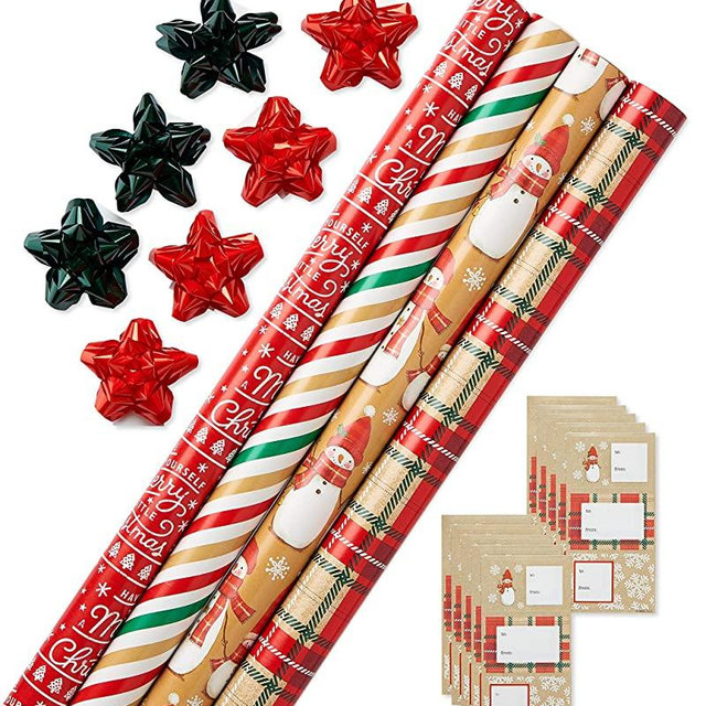 American Greetings Christmas Wrapping Paper Kit - 4 Traditional Rolls with Gridlines, 7 Bows and 30 Gift Tags (41-Count, 120 sq. ft.)