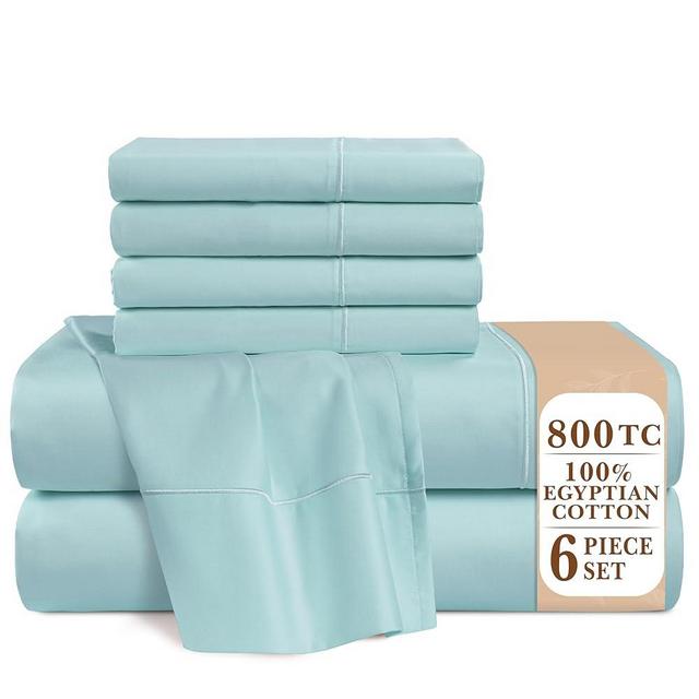 Casa Platino 100% Egyptian Cotton Sheets Queen Size Set - 6 Pcs (1 Flat, 1 Fitted, 4 Pillowcases) - 800 Thread Count - Ultra Smooth Sateen Weave Bed Sheets Set with 15" Deep Pockets - Blue Sky