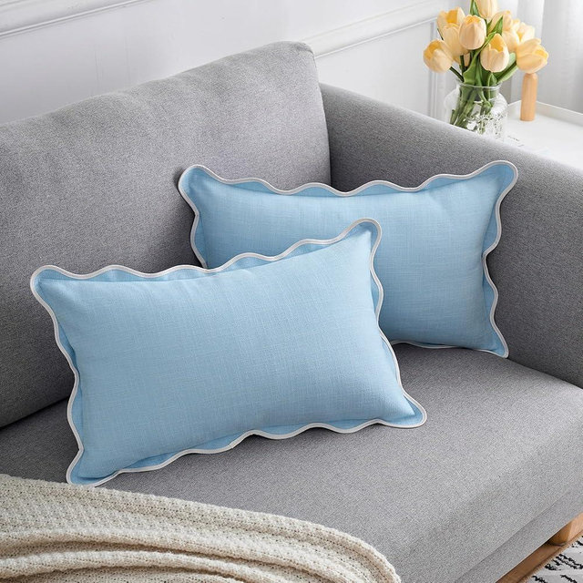 Mayler Yee Scalloped Throw Pillow Covers Set of 2 for Living Room, Cotton & Linen, Boho Sytle Decorative Home. Fabric Feels a Little Stiff, Because Scalloped Edges Require (Blue, 12x20 Inch)