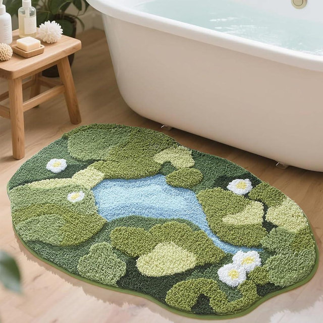 HIGHSEASON Cute Moss Bath Mat,3D Green Floral Area Bathroom Rug,Non Slip Water Absorbent Bath Mat Tufted Rug for Shower Floor, Sink, Bedroom, Home Accessories Decor (20" x 32")