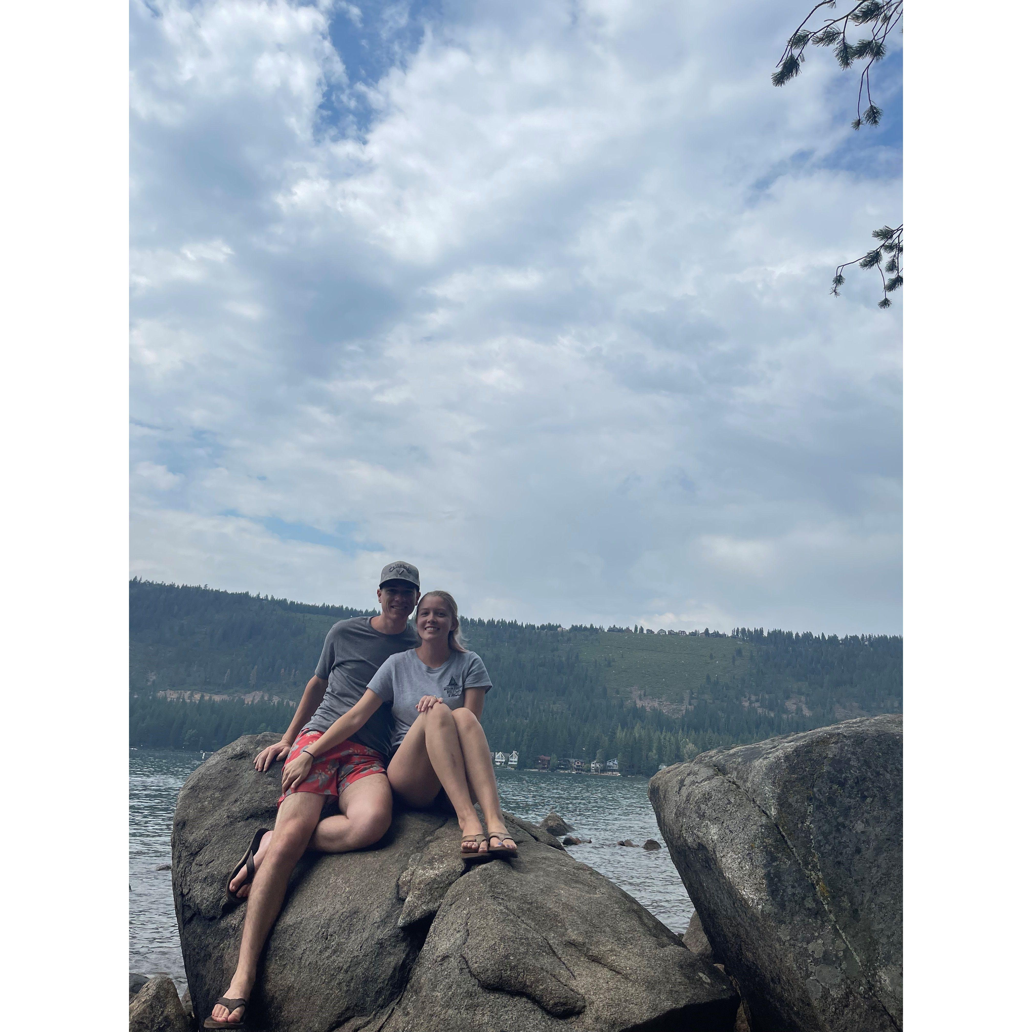 A picture Brian and Hannah took, using the self-timer on their iPhone camera, moments after Brian "popped the question" at Donner Lake in July 2021.