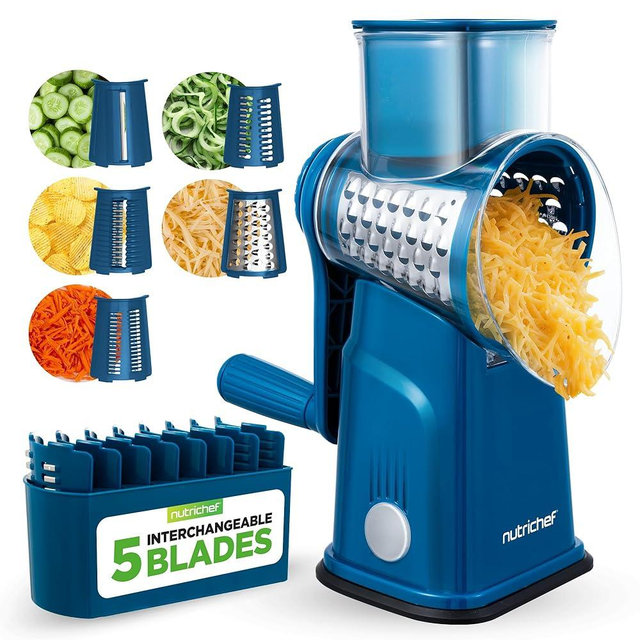 NutriChef 5 in 1 Cheese Grater & Shredder | 5 Different Blades for Thin, Thick, Julienne Strips, Wavy, & Straight Strips | Includes Hand Crank, Strong Suction Base & Storage Container | Blue