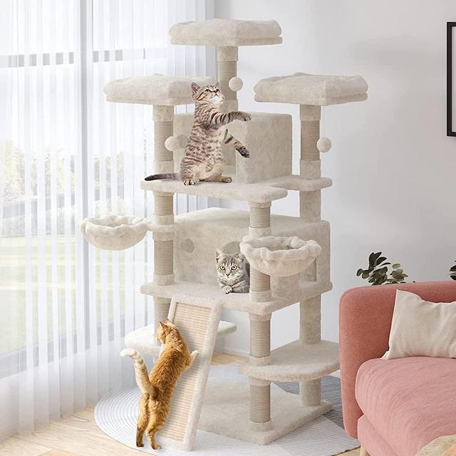 SHA CERLIN 68 Inches Multi-Level Large Cat Tree for Large Cats/Big Cat Tower with Cat Condo/Cozy Plush Cat Perches/Sisal Scratching Posts and Hammocks/Cat Activity Center Play House Beige Color