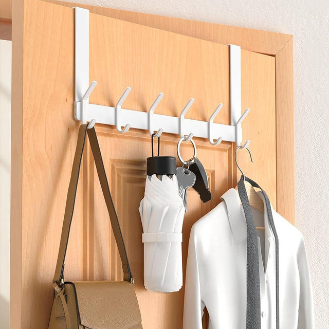CHAUNCEY HOME Over The Door Hooks Hanger with Extended Arms, Perfectly Fits US Standard 1 3/8-inch Doors, Thickened Bathroom Accessories and Towel Rack Organizer Holder, Glossy White, J-Shaped