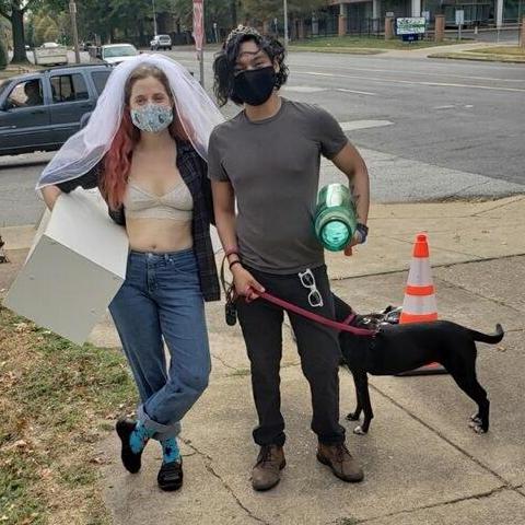 At a yard sale the hosts found out we were getting married and kept giving us free things, and then offered to take our picture before we left.