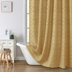 Gold Stall Boho Shower Curtain, Modern Tufted Plaid Striped Narrow Half Size Fabric Shower Curtain, Farmhouse Tufted Textured Shower Curtains for Bathroom, 36" W x 72" L