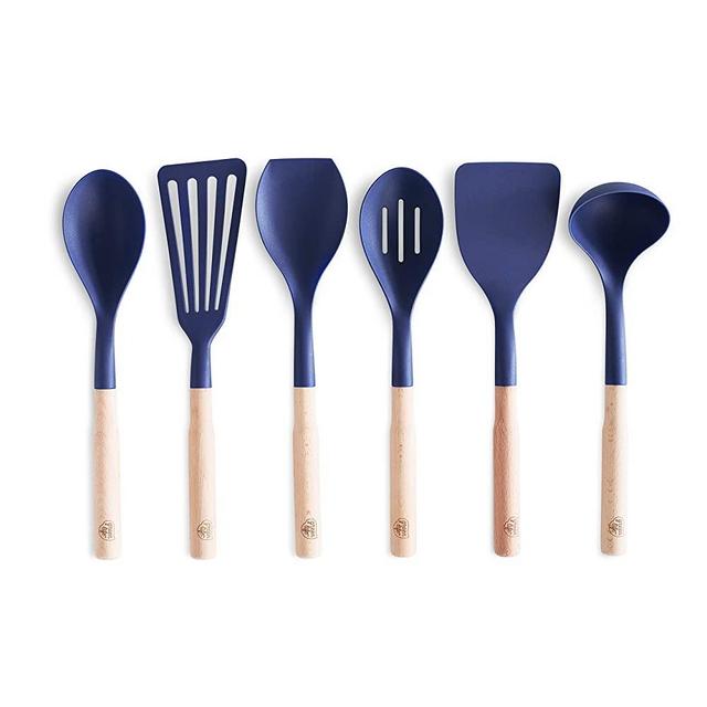 GreenLife Cooking Tools and Utensils, 7 Piece Nylon and Wood Kitchen Set with Ceramic Crock Holder, Heat Resistant Spatula and Spoons, BPA-Free, Blue