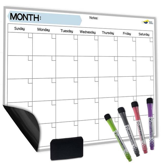 Quick Canary Magnetic Fridge Calendar - 17x12” Stain-Resistant Dry Erase Board - Starts Sunday, Strong Magnet, Organizes 2025 Family Events, Routines, Reminders - With 4 Markers & Eraser