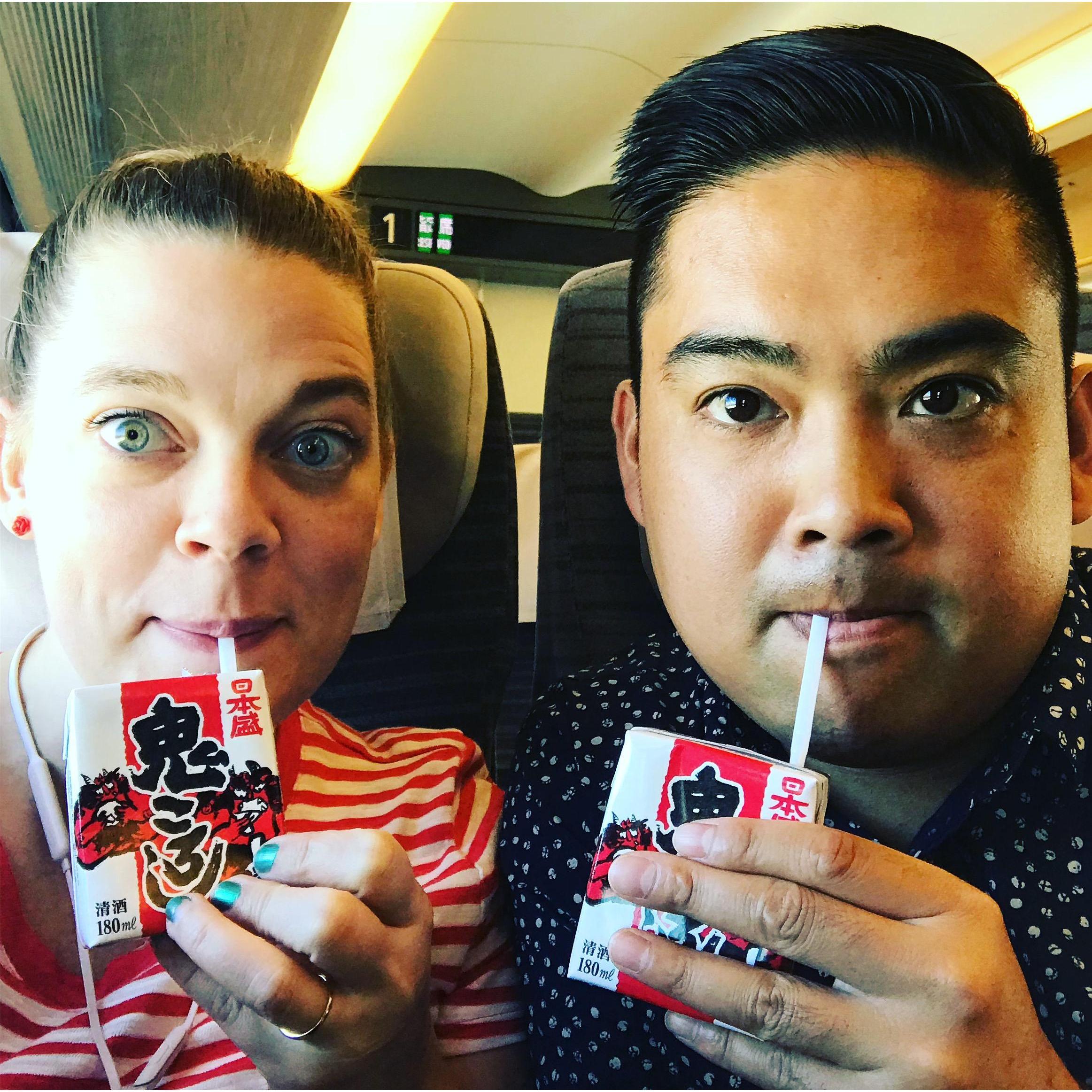 Drinking sake on a train in Japan, August 2018