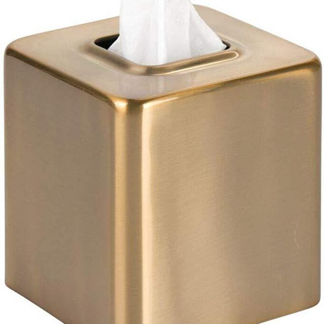 mDesign Modern Square Metal Paper Facial Tissue Box Cover Holder for Bathroom Vanity Countertops, Bedroom Dressers, Night Stands, Desks and Tables - Soft Brass