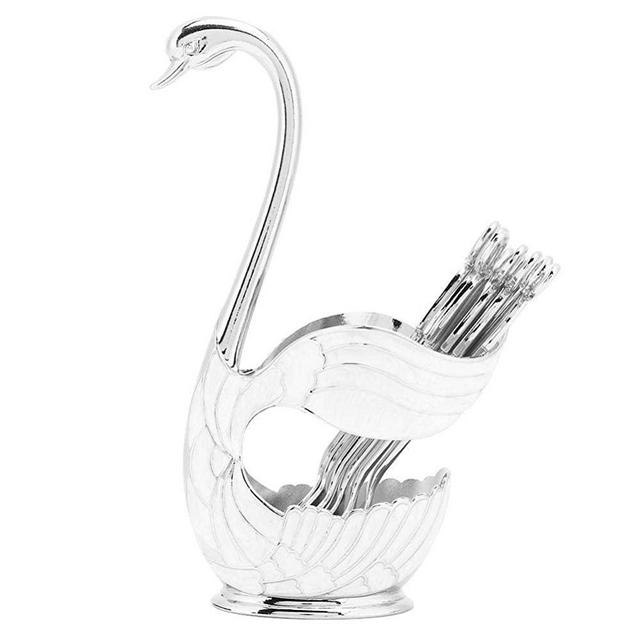 Metal Coffee Dessert Spoon Set, Fruit Dessert Flatware Swan Base Holder Spoon Organizer with 6pcs Coffee Dessert Sugar Ice Cream Spoon (Silver)
