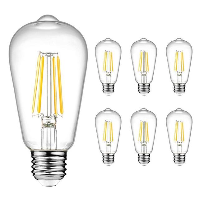 Ascher Vintage LED Edison Bulbs 6W, Equivalent 60W Incandescent, Warm White 2700K, ST58 Antique LED Filament Bulbs, E26 Medium Base, Non-Dimmable, Clear Glass, 6-Packs