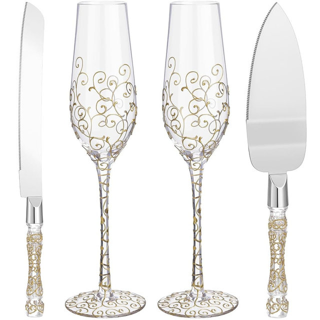 Ceenna 4 Pcs Gold Wedding Toasting Flutes and Cake Server Set Elegant Champagne Glasses and Knife Server Set Gifts for Bride and Groom Anniversary Wedding Reception Supplies