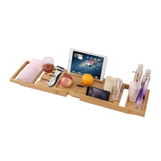 YCOCO Bamboo Bathtub Stretch Tray,Expandable Bathtub Caddy Tray for Luxury Bath with Rack,Holds Book,Phone,Ipad,Wine,Soap
