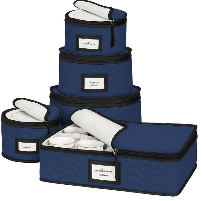 China Storage Containers 5-Piece Set Moving Boxes for Dinnerware, Glasses, Plates, Mugs and Saucers Sturdy Quilted Microfiber Dish Organizer with Dividers for Seasonal Storage - Holds Set of 12, blue