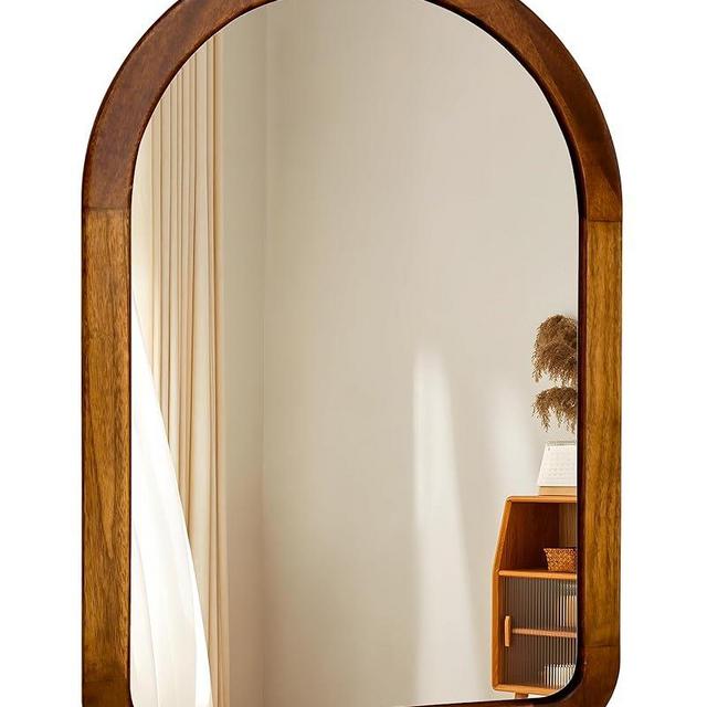 Arched Mirror 22 x 30 Inch,Brown Wood Rustic Bathroom Tempered Wall Mirror with Wood Frame,Round Corner Arch Farmhouse Wooden Vanity Mirror for Living Room,Entryway or Bedroom（Walnut Brown）