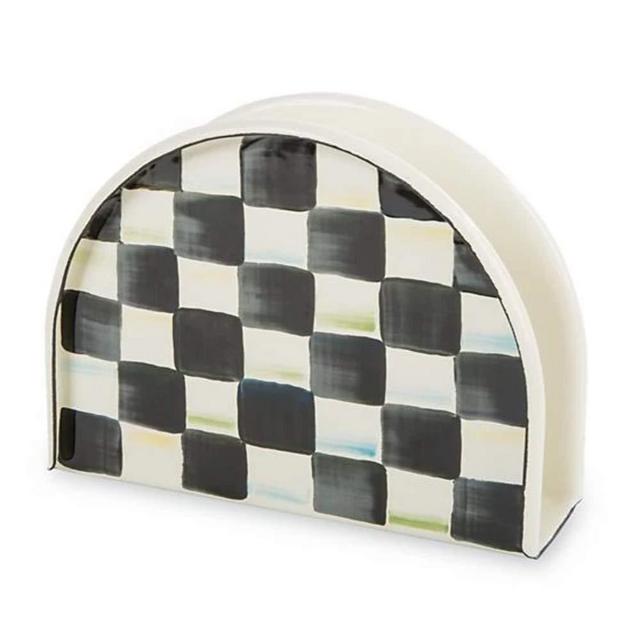 Napkin Holder, Steel Enamel with Decorative Courtly Check Hand Print Black/White Paper Napkin Stand by MacKenzie-Childs