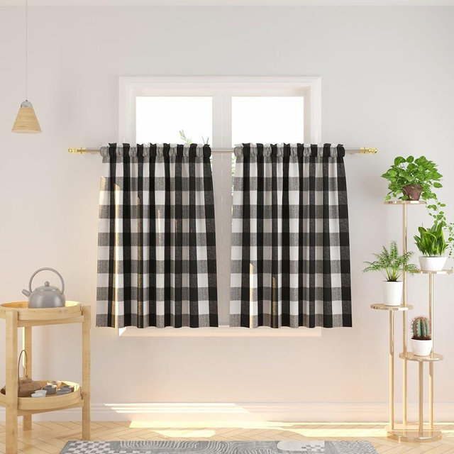 NATUS WEAVER Black & White Buffalo Check Kitchen Tier Curtais 36 inches Long Plaid Gingham Rod Pocket Classic Cafe Curtains Country Farmhouse Kitchen Short Curtains 2 Panels