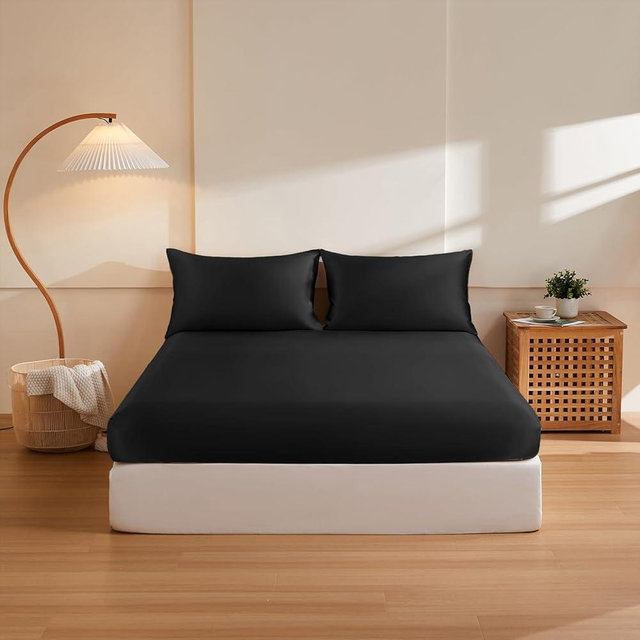 THXSILK Silk King Fitted Sheet 3Pcs Set, 6A+ Top Grade 100% Pure Mulberry Silk Bed Sheets Set Luxury Bedding Sheet for Hair and Skin, 1 Fitted Sheet with 2 Pillowcases, Black