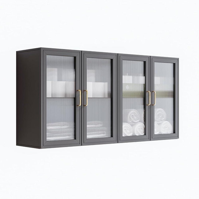 FIMELLO 24’’ Bathroom Wall Cabinet Set of 2 with LED, Laundry Room Cabinets Storage, Kitchen Cabinets with Adjustable Shelf Acrylic Glass Doors, Medicine Cabinets for Bathroom, Black Bathroom Cabinet