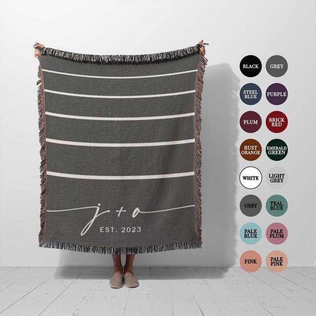 Personalized Wedding Blanket Keepsake Gift, Custom Cotton Anniversary Gift, striped woven Throw with initials, Engagement Gift for couples