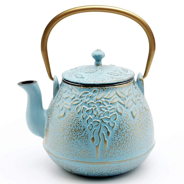 Teapot, TOPTIER Japanese Cast Iron Tea Kettle with Stainless Steel Infuser, Cast Iron Teapot Stovetop Safe, Leaf Design Teapot Coated with Enameled Interior for 32 Ounce (950 ml), Turquoise Blue