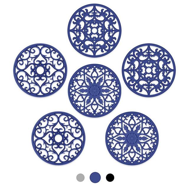 SMARTAKE 6 Set Silicone Trivet Mats, Multi-Use Intricately Carved Coasters, Insulated Non-Slip Durable Kitchen Mats, Flexible Modern Kitchen Table Mat, for Hot Dishes, Pots, Countertop (Navy Blue)