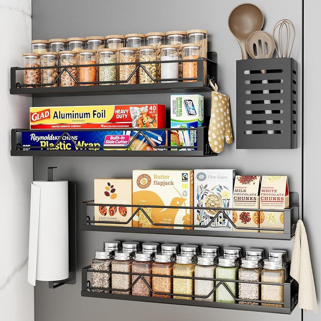 Mystozer 16.9 Inch Wide Large Capacity Magnetic Spice Rack for Refrigerator, 6 Pack Metal Fridge Shelf, Black