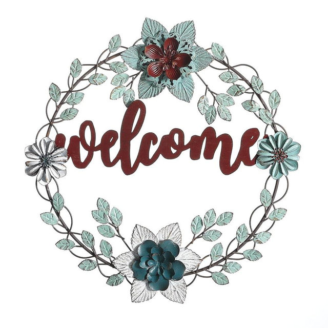 Metal Welcome Sign & Flowers Wall Decor for Indoor Outdoor Front Porch, 16"