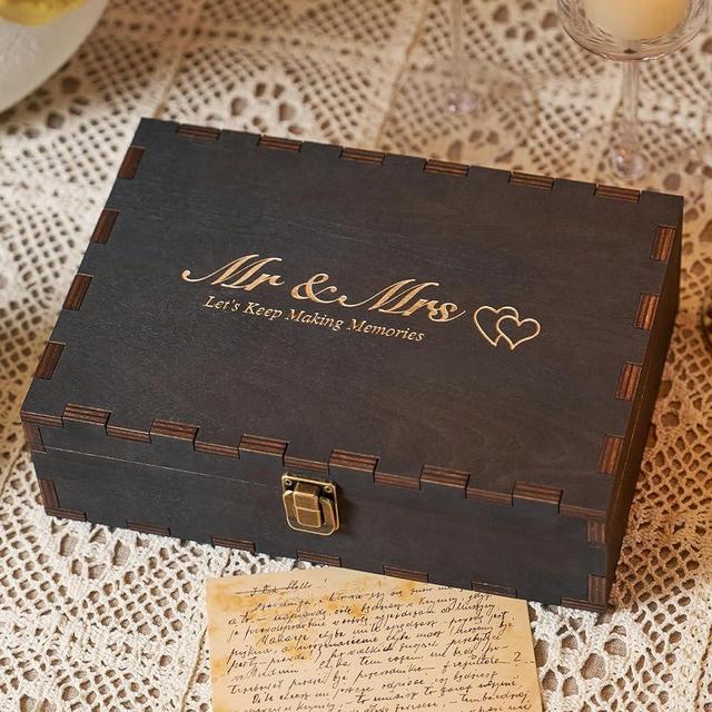 AW BRIDAL Black Wedding Keepsake Box Mr Mrs Memory Box for Keepsakes Engraved Wood Box with Lids, Bridal Shower Christmas Anniversary Engagement Gifts for Couples