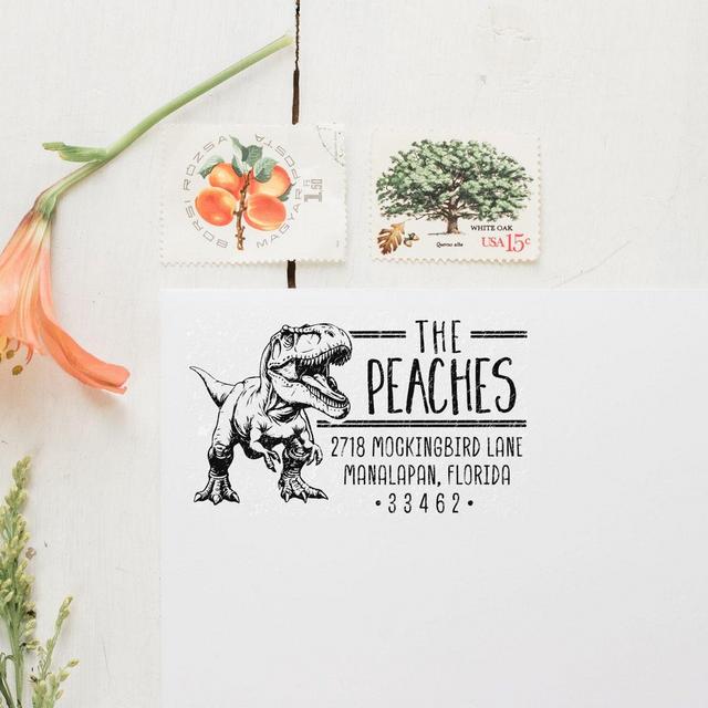 T-Rex Return Address Stamp, Tyrannosaurus Rex Gift, Wooden Handle, Custom Rubber Stamp, Dinosaur Stamp