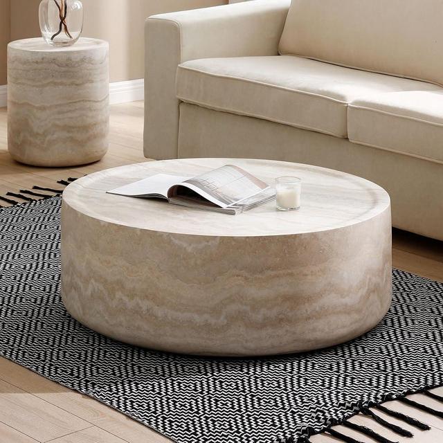 LUMISOL Faux Marble Coffee Table, Faux Travertine Textured Table Fiberglass Center Table, Modern Drum Tea Table for Living Room, Office, No Need Assembly, 39.37”L x 39.37”W x 12”H, Marble