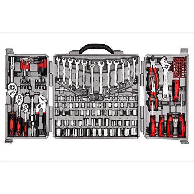CARTMAN Tool Set 205 Pcs Red, Ratchet Wrench with Sockets Kit Set in Plastic Toolbox